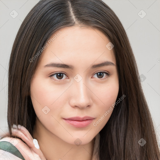 Neutral white young-adult female with long  brown hair and brown eyes