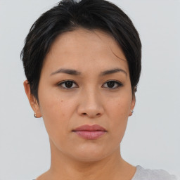 Neutral asian young-adult female with short  brown hair and brown eyes