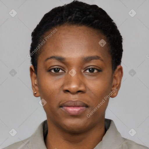 Neutral black young-adult female with short  black hair and brown eyes