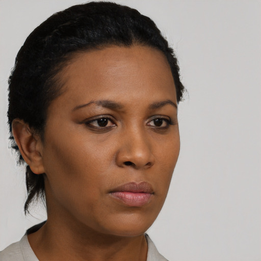 Neutral black young-adult female with short  black hair and brown eyes