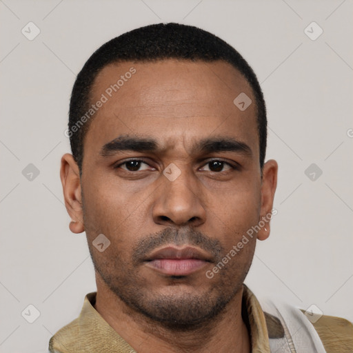 Neutral latino young-adult male with short  black hair and brown eyes