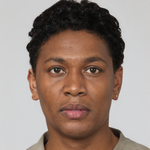 Neutral black young-adult male with short  black hair and brown eyes