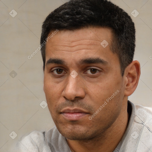 Neutral white adult male with short  black hair and brown eyes