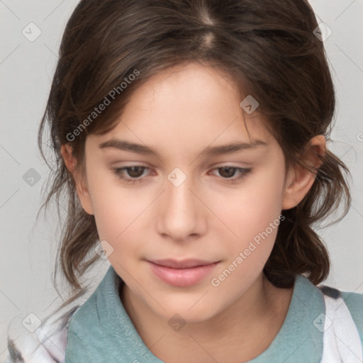 Joyful white child female with medium  brown hair and brown eyes