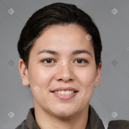 Joyful asian young-adult female with short  brown hair and brown eyes