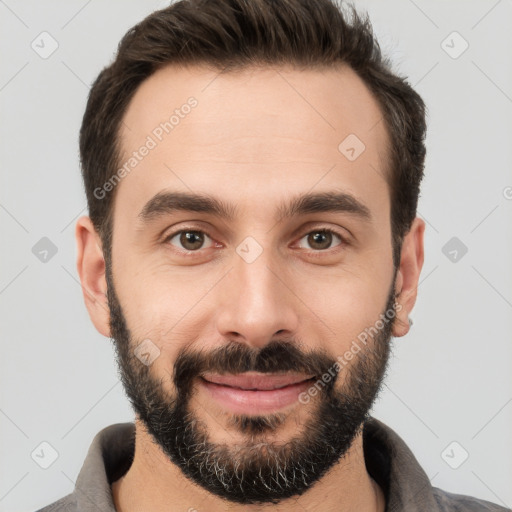 Joyful white young-adult male with short  brown hair and brown eyes