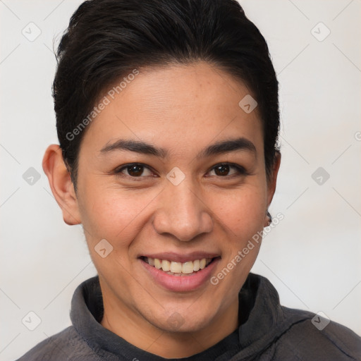 Joyful white young-adult female with short  brown hair and brown eyes