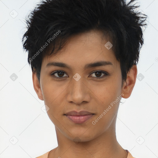 Joyful asian young-adult female with short  brown hair and brown eyes