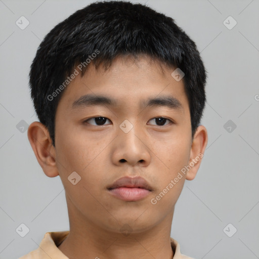 Neutral asian young-adult male with short  brown hair and brown eyes
