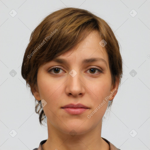 Neutral white young-adult female with short  brown hair and brown eyes