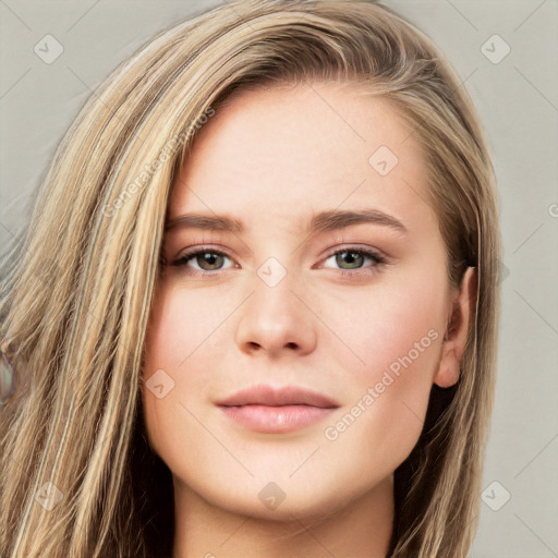 Neutral white young-adult female with long  brown hair and grey eyes