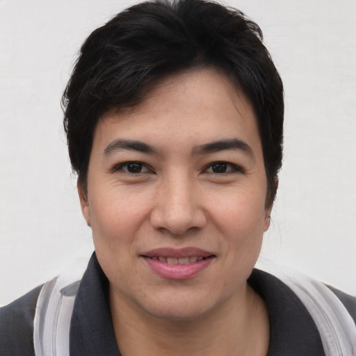 Joyful asian young-adult female with short  black hair and brown eyes