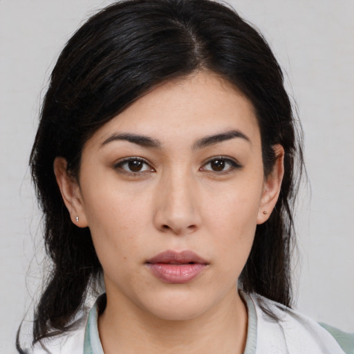 Neutral asian young-adult female with medium  black hair and brown eyes