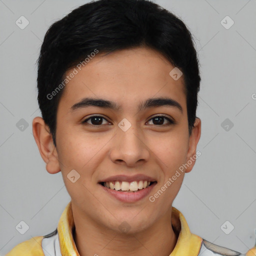 Joyful latino young-adult male with short  brown hair and brown eyes