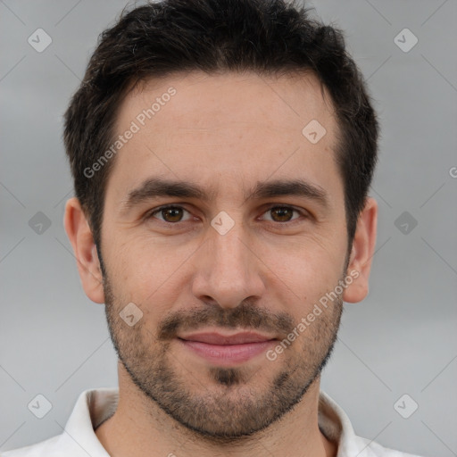 Joyful white young-adult male with short  brown hair and brown eyes