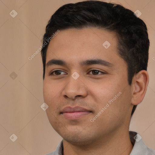 Neutral white young-adult male with short  black hair and brown eyes