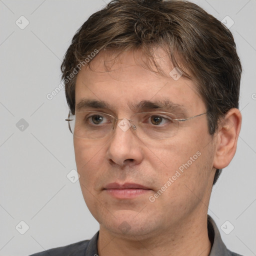 Neutral white adult male with short  brown hair and brown eyes