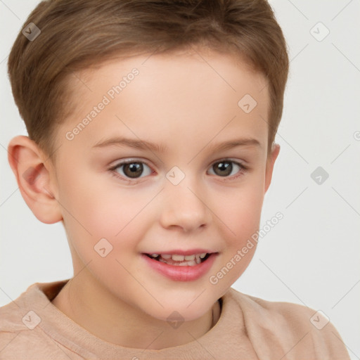 Joyful white child female with short  brown hair and brown eyes