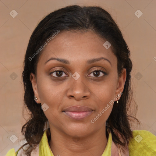 Joyful white young-adult female with medium  brown hair and brown eyes