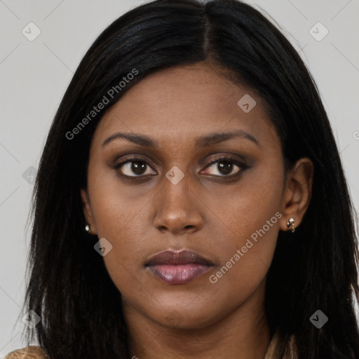 Neutral asian young-adult female with long  brown hair and brown eyes