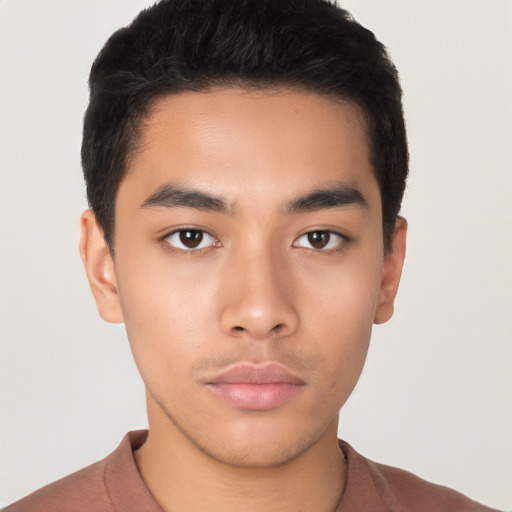 Neutral latino young-adult male with short  black hair and brown eyes