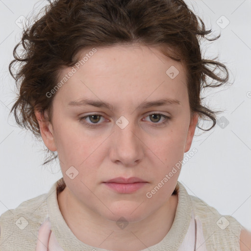 Neutral white young-adult female with short  brown hair and brown eyes