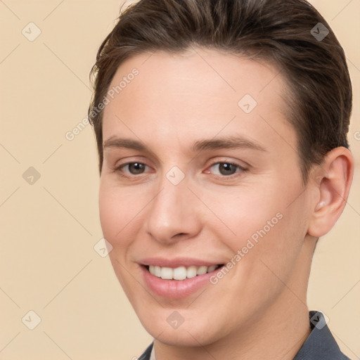 Joyful white young-adult female with short  brown hair and brown eyes