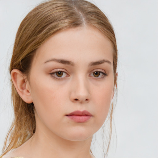 Neutral white young-adult female with medium  brown hair and brown eyes