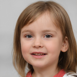 Joyful white child female with medium  brown hair and grey eyes