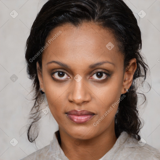 Neutral latino young-adult female with medium  brown hair and brown eyes