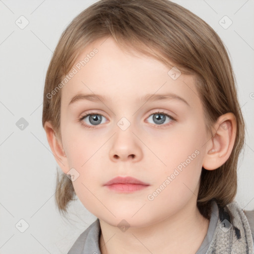 Neutral white child female with medium  brown hair and grey eyes