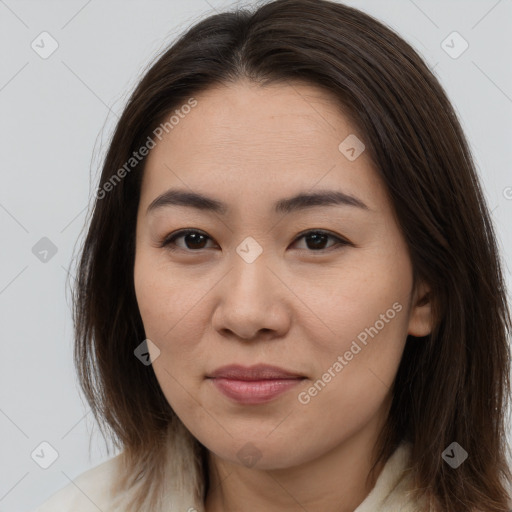 Joyful white young-adult female with medium  brown hair and brown eyes