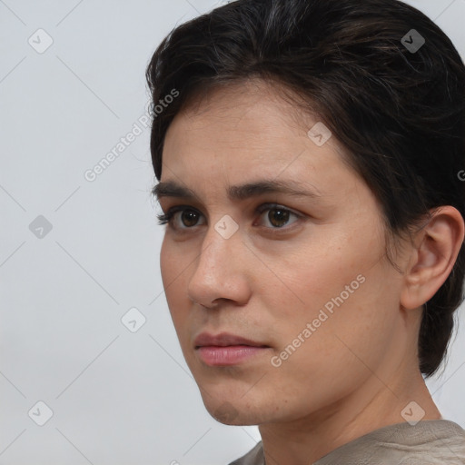 Neutral white young-adult female with short  brown hair and brown eyes