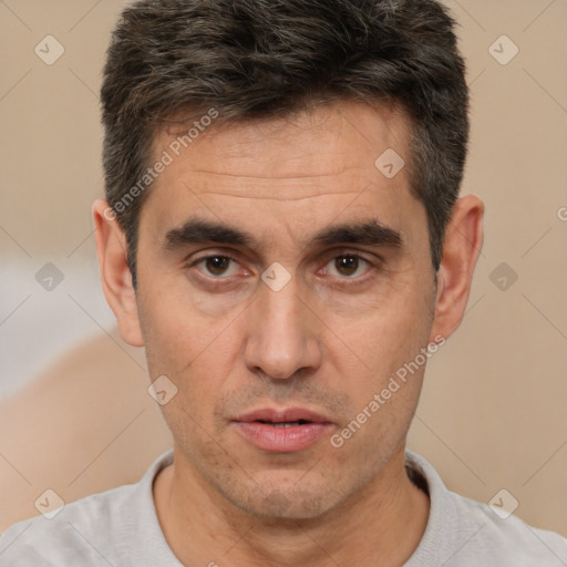 Neutral white adult male with short  brown hair and brown eyes