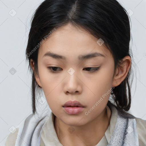 Neutral asian young-adult female with medium  brown hair and brown eyes