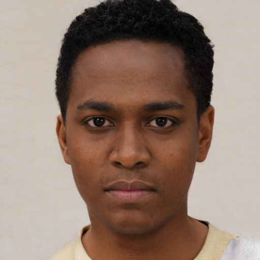 Neutral black young-adult male with short  black hair and brown eyes