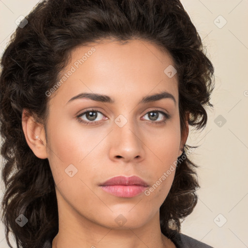 Neutral white young-adult female with medium  brown hair and brown eyes