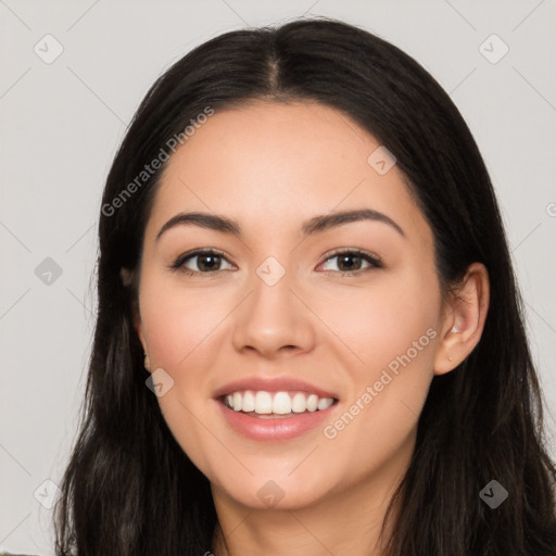 Joyful white young-adult female with long  black hair and brown eyes