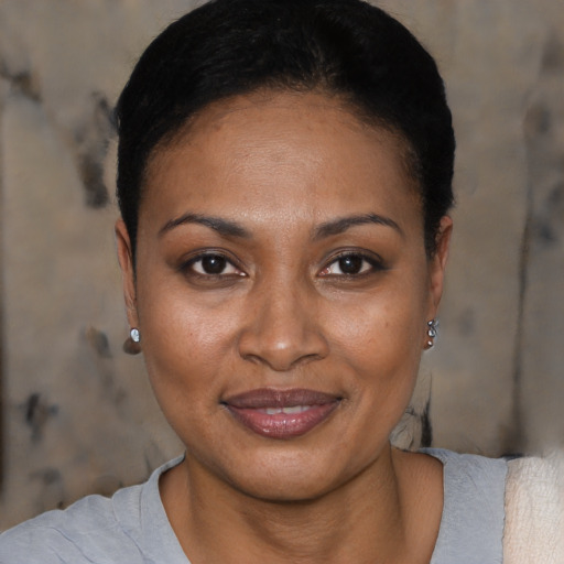 Joyful black adult female with short  black hair and brown eyes