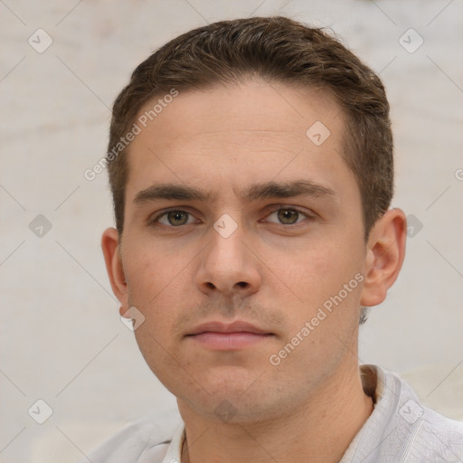 Neutral white young-adult male with short  brown hair and brown eyes