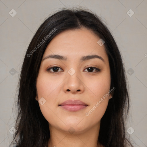 Neutral asian young-adult female with long  brown hair and brown eyes