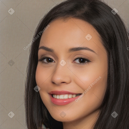 Joyful latino young-adult female with long  brown hair and brown eyes