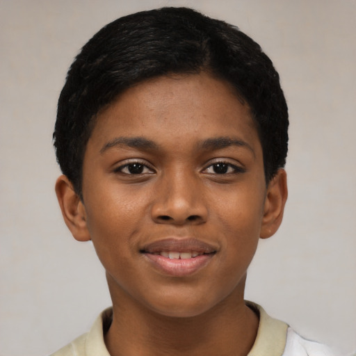 Joyful latino young-adult female with short  black hair and brown eyes