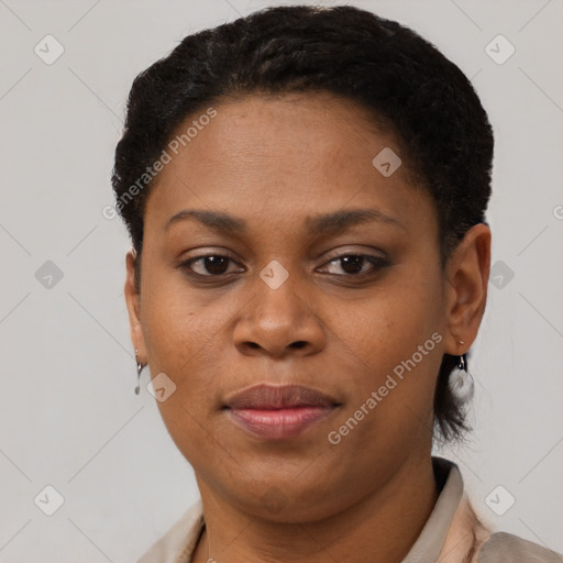 Joyful black adult female with short  brown hair and brown eyes