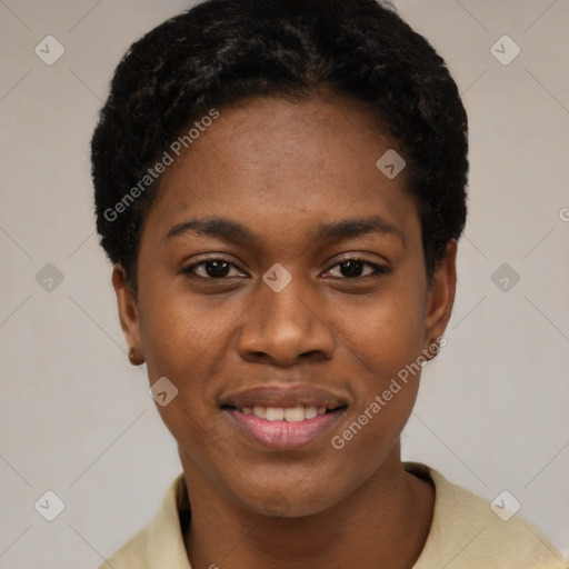 Joyful black young-adult female with short  black hair and brown eyes