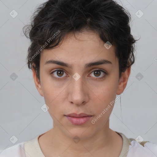 Neutral white young-adult female with short  brown hair and brown eyes