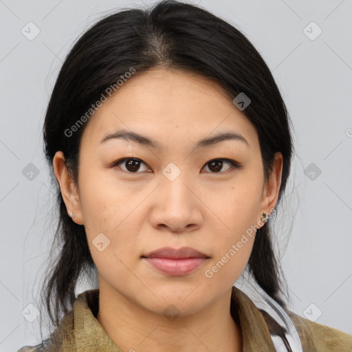 Joyful asian young-adult female with medium  brown hair and brown eyes