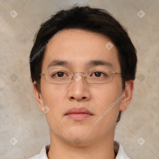 Neutral asian young-adult male with short  black hair and brown eyes