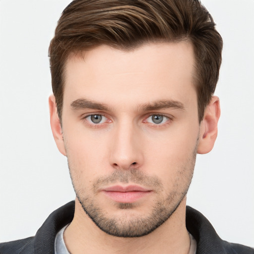 Neutral white young-adult male with short  brown hair and brown eyes