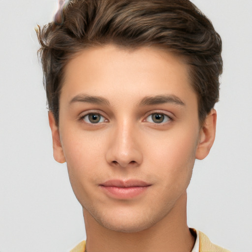 Neutral white young-adult male with short  brown hair and brown eyes